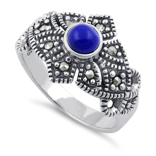 Sterling Silver Blue Lapis Crown Marcasite Ring