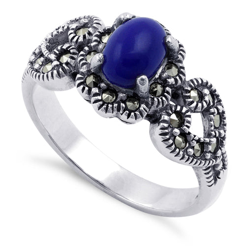 Sterling Silver Blue Lapis Flower Hearts Marcasite Ring