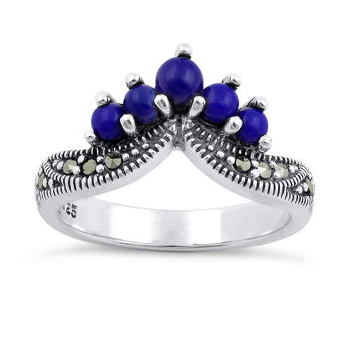 Sterling Silver Blue Lapis Pointed V Marcasite Ring