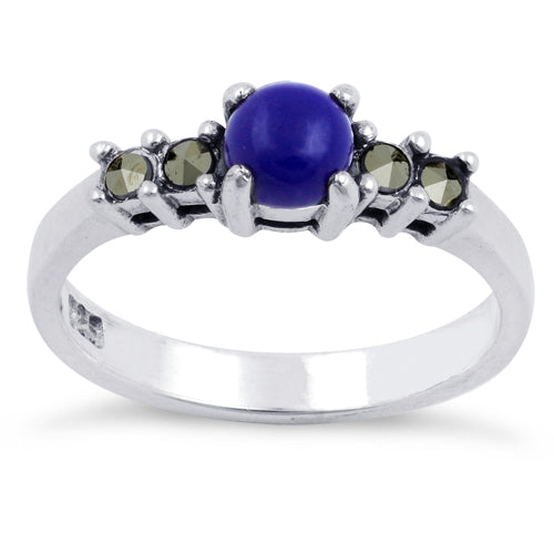 Sterling Silver Blue Lapis Round Marcasite Ring