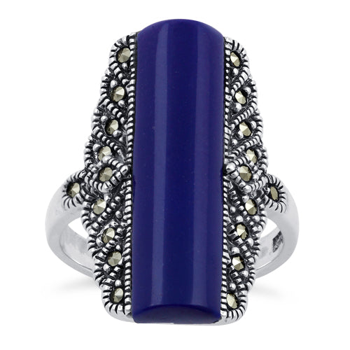 Sterling Silver Blue Lapis Tall Marcasite Ring