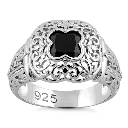 Sterling Silver Quatrefoil Black CZ Ring