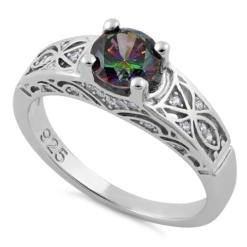 Sterling Silver Rainbow Round Cut Engagement CZ Ring