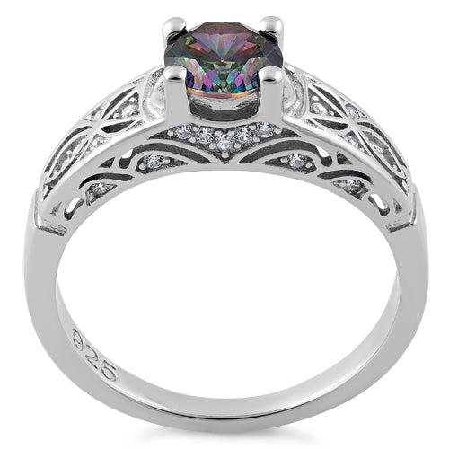 Sterling Silver Rainbow Round Cut Engagement CZ Ring