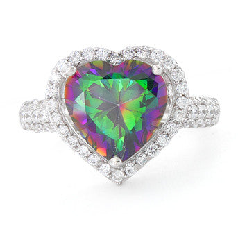 Sterling Silver Rainbow Topaz Heart Halo CZ Ring