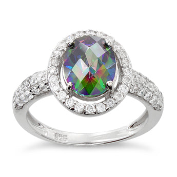 Sterling Silver Rainbow Topaz Oval Halo CZ Ring