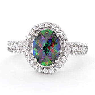 Sterling Silver Rainbow Topaz Oval Halo CZ Ring