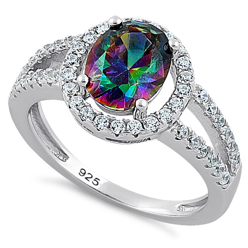 Sterling Silver Rainbow Topaz Oval Halo CZ Ring