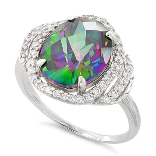 Sterling Silver Rainbow Topaz Oval Halo CZ Ring