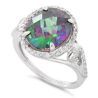 Sterling Silver Rainbow Topaz Oval Halo Swirl CZ Ring