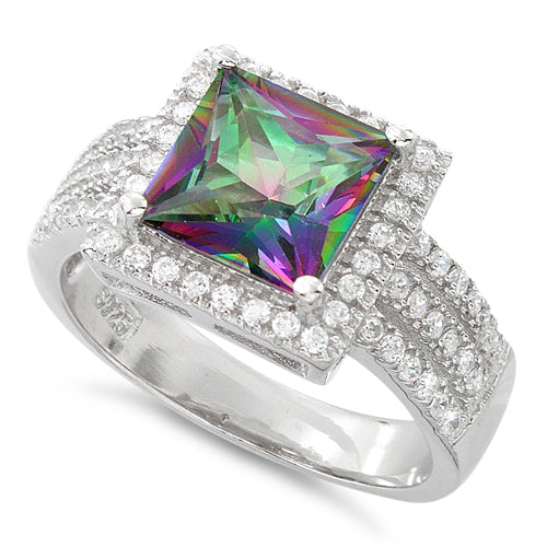 Sterling Silver Rainbow Topaz Princess Cut CZ Ring