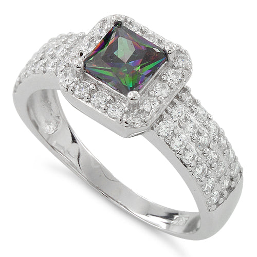 Sterling Silver Rainbow Topaz Princess Cut Pave CZ Ring