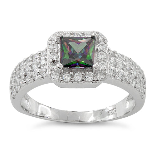 Sterling Silver Rainbow Topaz Princess Cut Pave CZ Ring