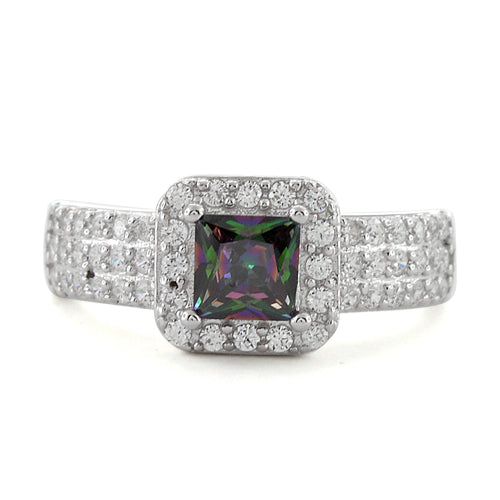 Sterling Silver Rainbow Topaz Princess Cut Pave CZ Ring