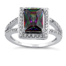 Sterling Silver Rainbow Topaz Rectangular Halo CZ Ring