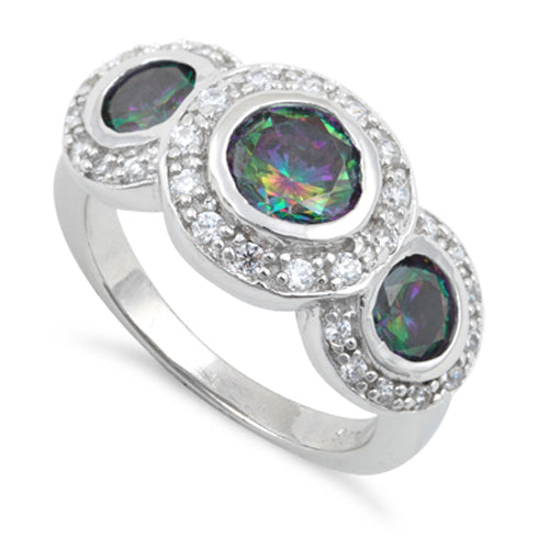 Sterling Silver Rainbow Topaz Three Stone Halo CZ Ring