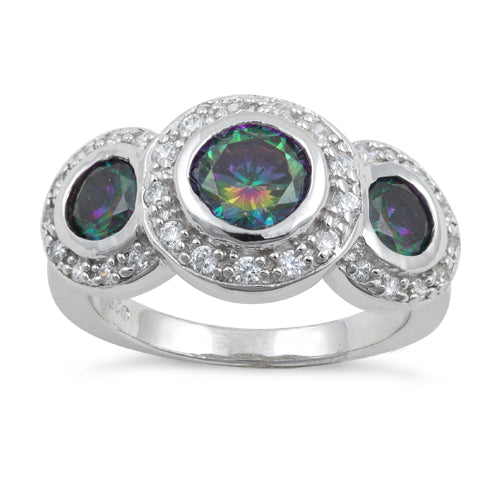 Sterling Silver Rainbow Topaz Three Stone Halo CZ Ring