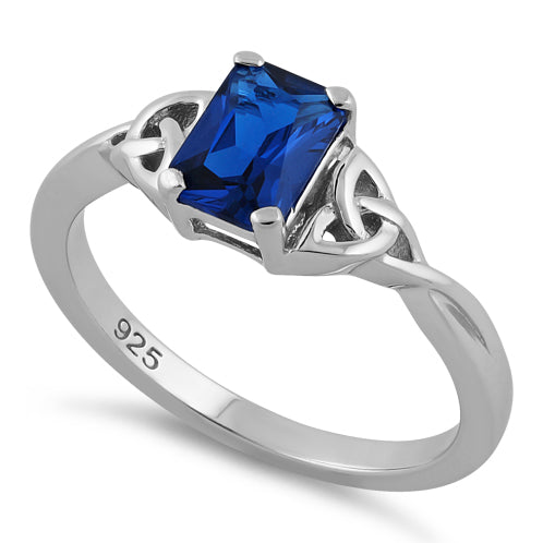 Sterling Silver Rectangle Blue Spinel Celtic CZ Ring