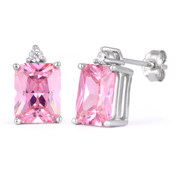 Sterling Silver Rectangular Pink CZ Earrings