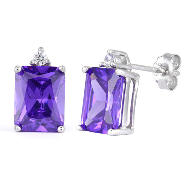 Sterling Silver Rectangular Purple CZ Earrings