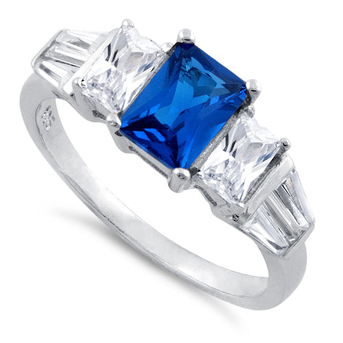 Sterling Silver Rectangular Stone Blue Sapphire CZ Ring