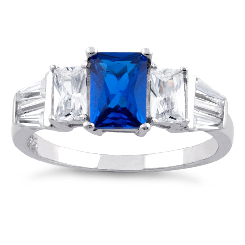 Sterling Silver Rectangular Stone Blue Sapphire CZ Ring