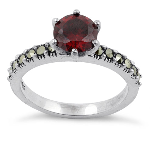 Sterling Silver Red CZ Marcasite Ring