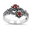 Sterling Silver Red Agate Double Flower Marcasite Ring