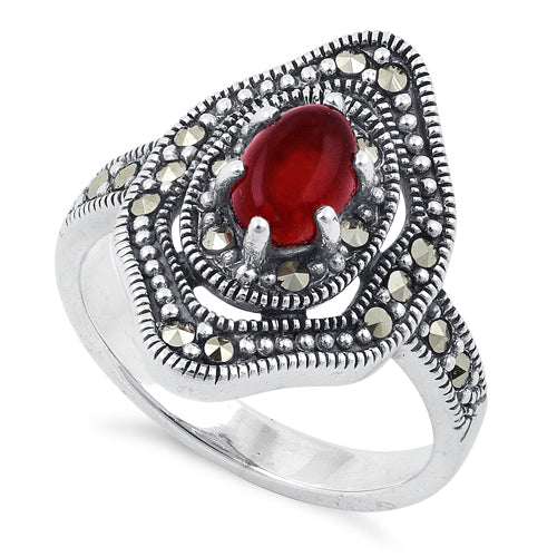 Sterling Silver Red Agate Eye Marcasite Ring