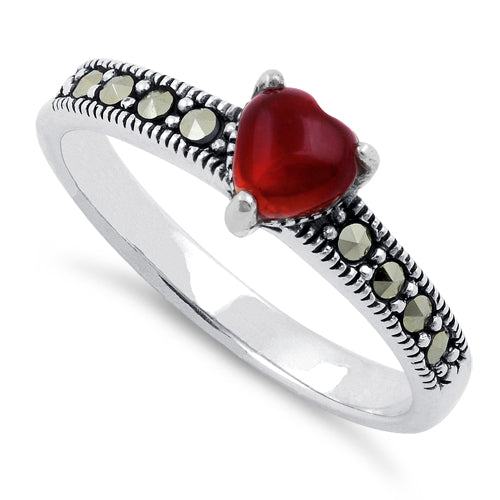 Sterling Silver Red Agate Heart Marcasite Ring