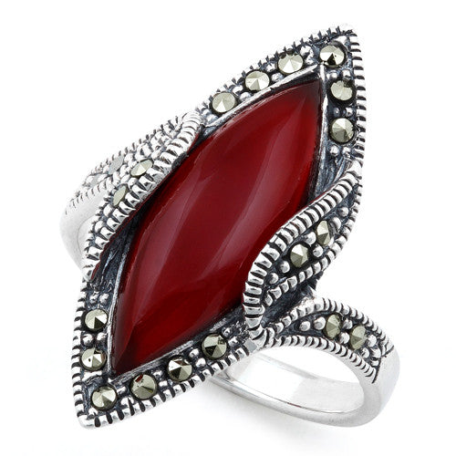 Sterling Silver Red Agate Marquise Marcasite Ring
