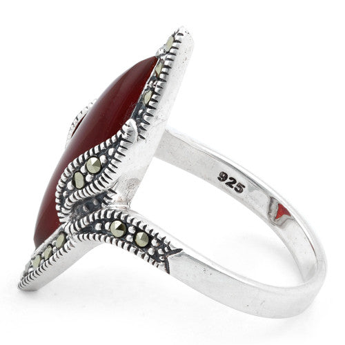 Sterling Silver Red Agate Marquise Marcasite Ring