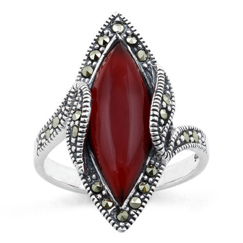 Sterling Silver Red Agate Marquise Marcasite Ring