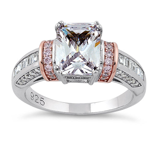 Sterling Silver Rose Gold Plated Two-Tone Clear Emerald Cut CZ Ring