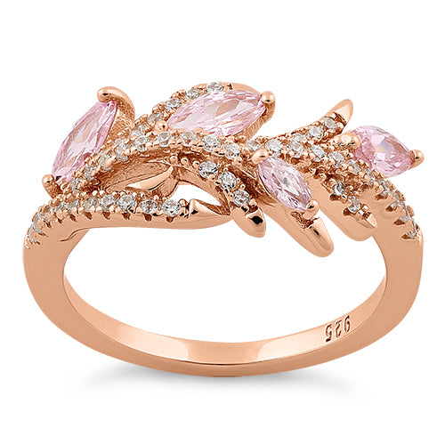 Sterling Silver Rose Gold Plated Vine Leaves Pink CZ Ring