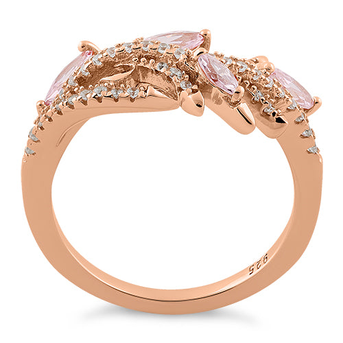 Sterling Silver Rose Gold Plated Vine Leaves Pink CZ Ring