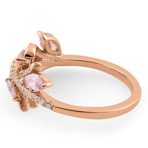 Sterling Silver Rose Gold Plated Vine Leaves Pink CZ Ring