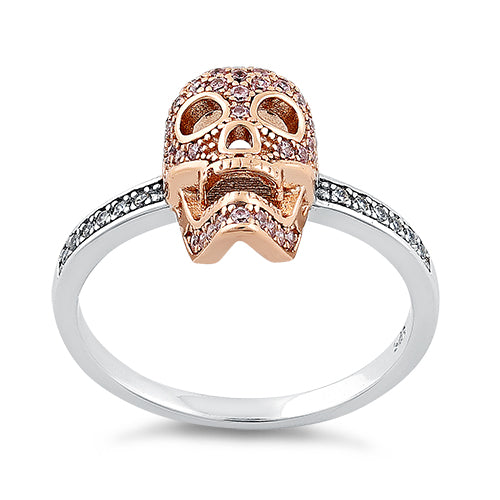 Sterling Silver Rose Gold Two Tone Skull Pink & Clear CZ Ring