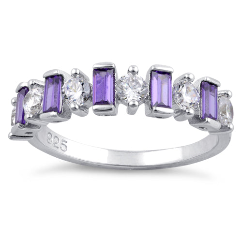 Sterling Silver Round & Baguette Amethyst CZ Ring