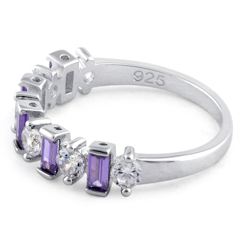 Sterling Silver Round & Baguette Amethyst CZ Ring