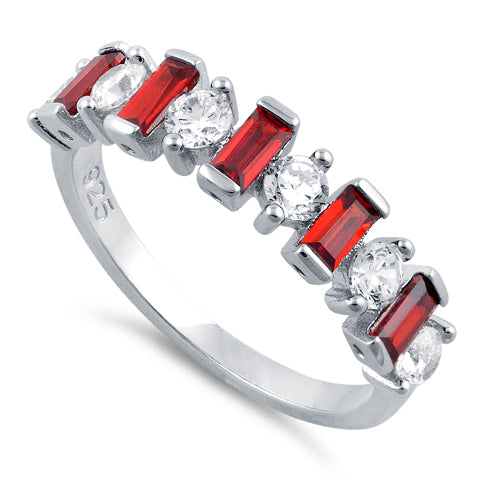 Sterling Silver Round & Baguette Garnet CZ Ring