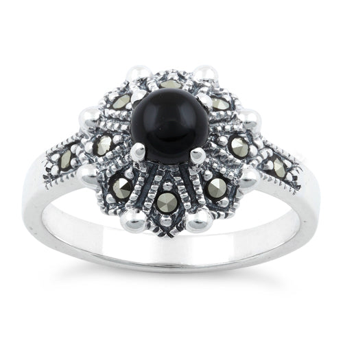 Sterling Silver Round Black Onyx Flower Marcasite Ring