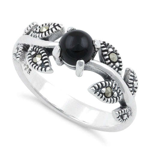 Sterling Silver Round Black Onyx Leaves Marcasite Ring