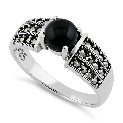 Sterling Silver Round Black Onyx Marcasite Ring