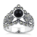 Sterling Silver Round Black Onyx Tiara Marcasite Ring