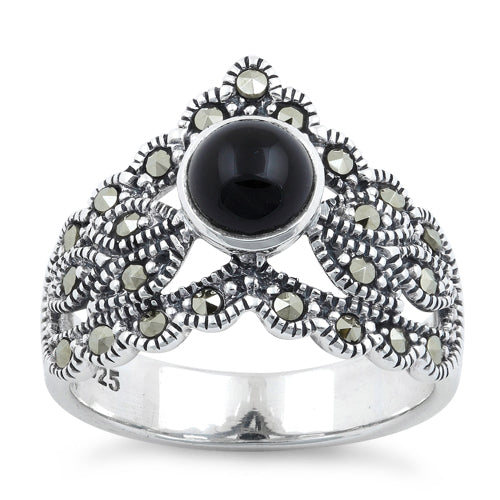 Sterling Silver Round Black Onyx Tiara Marcasite Ring
