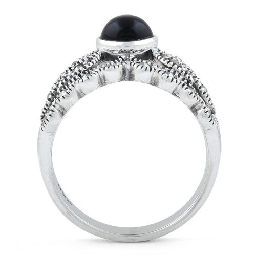 Sterling Silver Round Black Onyx Tiara Marcasite Ring