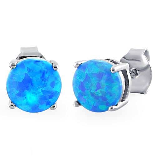 Sterling Silver Round Blue Lab Opal Stud Earrings