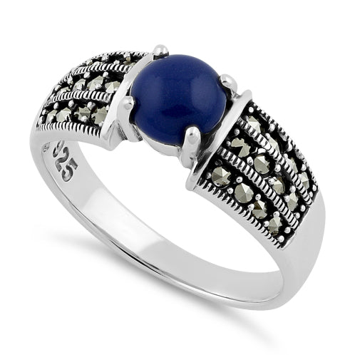 Sterling Silver Round Blue Lapis Marcasite Ring