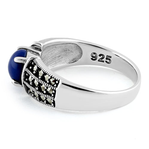 Sterling Silver Round Blue Lapis Marcasite Ring